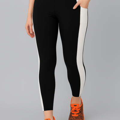 WUGO:: TIGHTS-BLK & WHITE-L Premium Quality Mid-Waist Gym Leggings | Soft Yoga Pants | Stylish Fitness Tights for Girls or Women