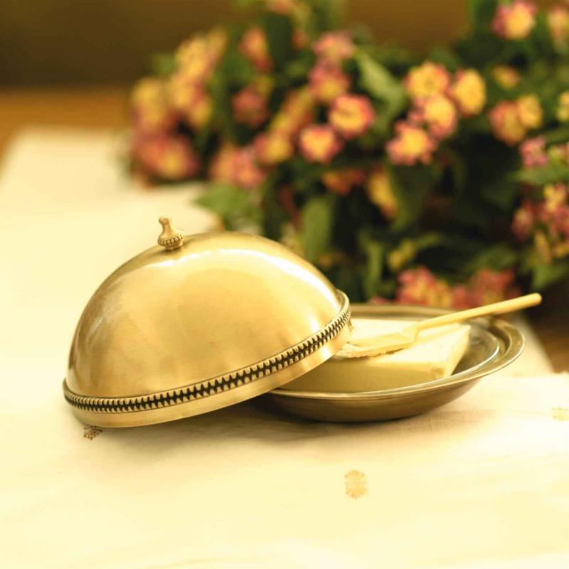 BARMER BUTTER DISH with GLASS LINER & BRASS SPREADER-1