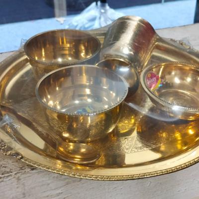 Elegant Brass Dinnerware set with Plate, glass Bowls and spoon