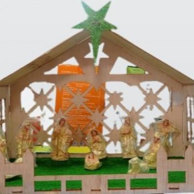 Handcrafted Wooden Christmas Nativity Crib with Star & Decorative Fence – Ideal for Christmas Celebrations