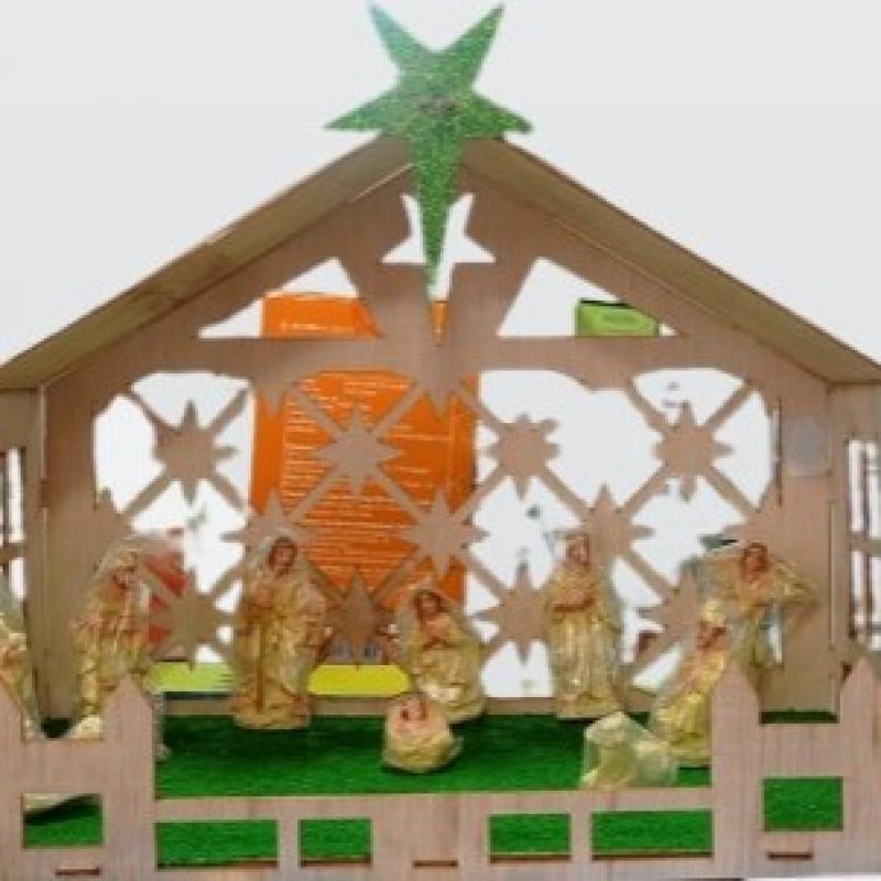 Handcrafted Wooden Christmas Nativity Crib with Star & Decorative Fence – Ideal for Christmas Celebrations