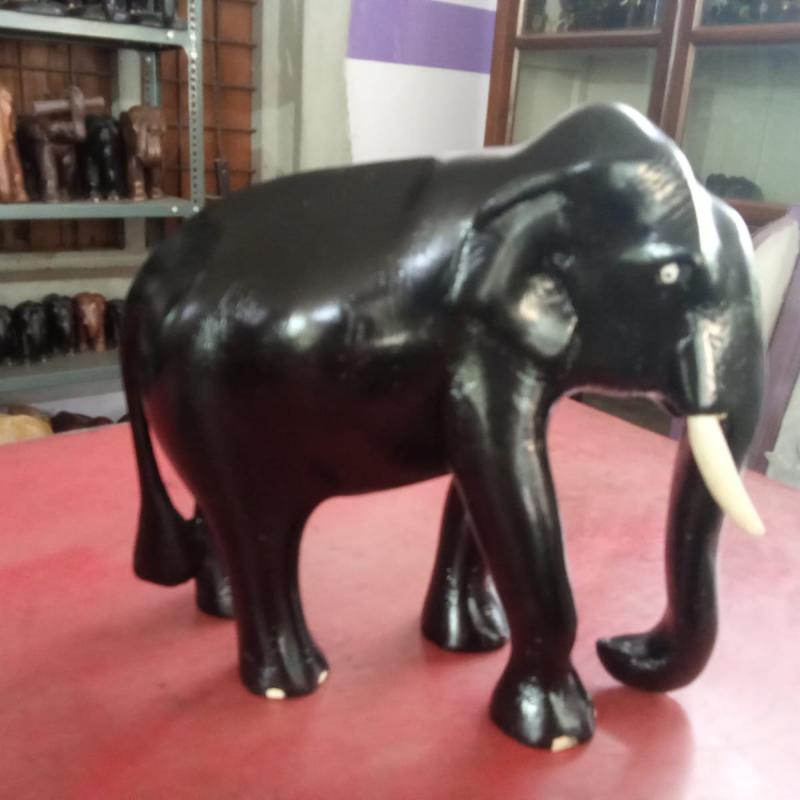 Kerala Hand-Carved White Wood Elephant - 8Inch -Black Finish