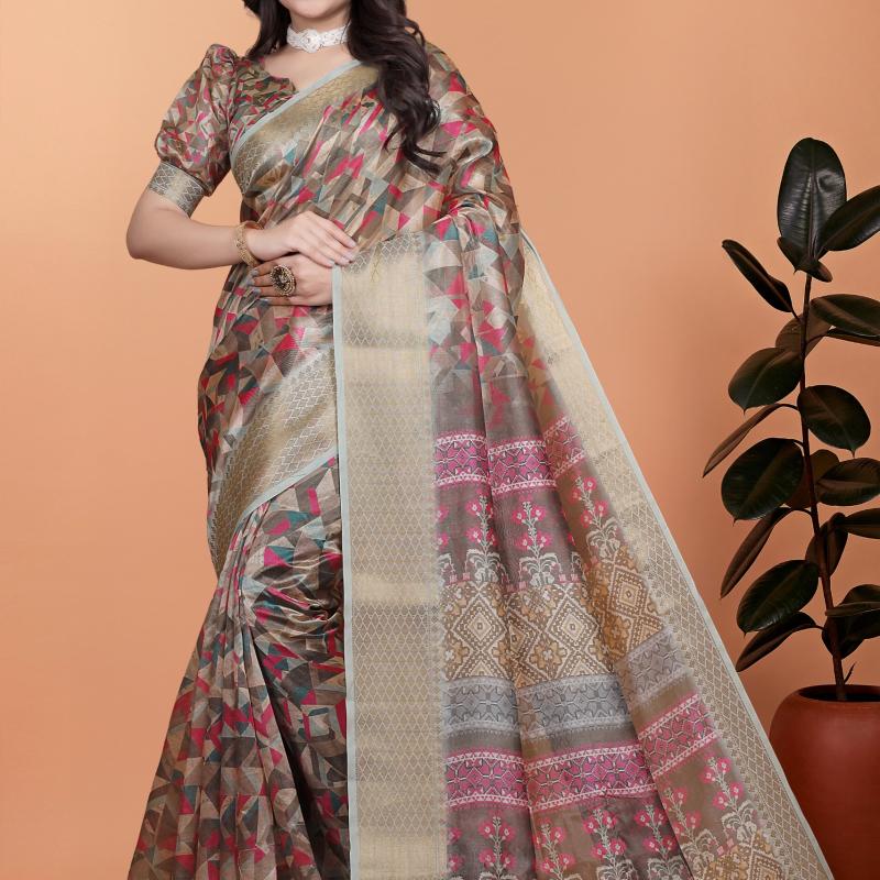 Soft Silk Saree with Geometric digital print golden beige color.