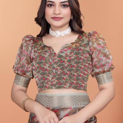 Soft Silk Saree with Geometric digital print golden beige color.