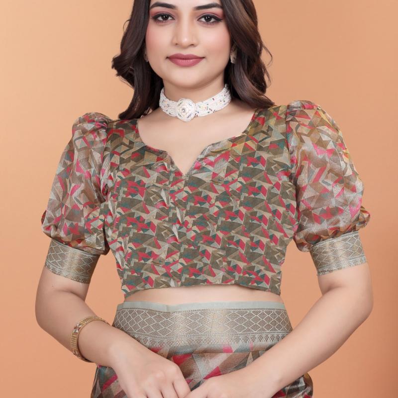 Soft Silk Saree with Geometric digital print golden beige color.