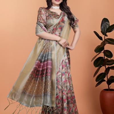 Soft Silk Saree with Geometric digital print golden beige color.
