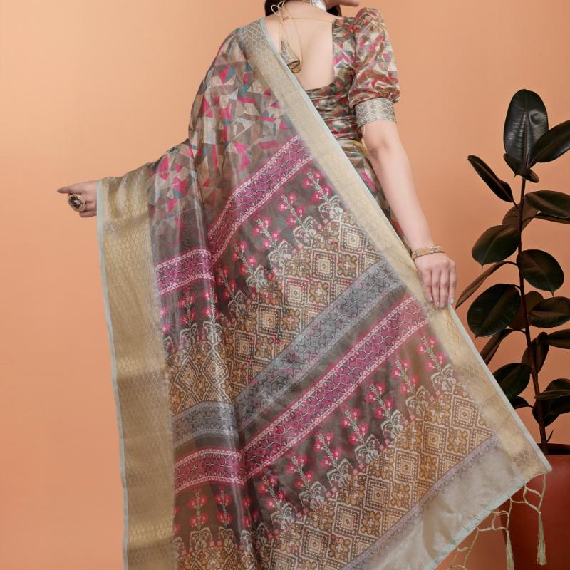 Soft Silk Saree with Geometric digital print golden beige color.