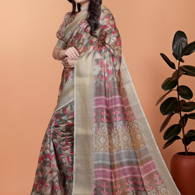 Soft Silk Saree with Geometric digital print golden beige color.