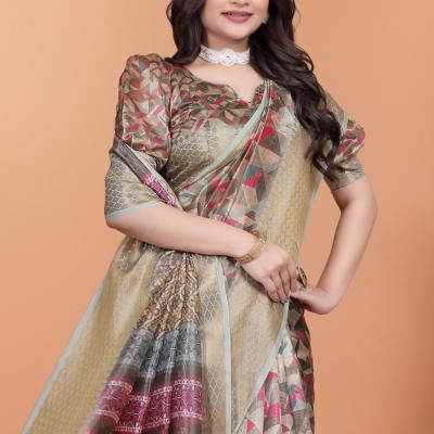 Soft Silk Saree with Geometric digital print golden beige color.