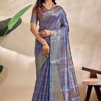 Royal blue soft silk Blend saree with Traditional motifs