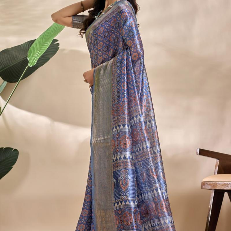 Royal blue soft silk Blend saree with Traditional motifs