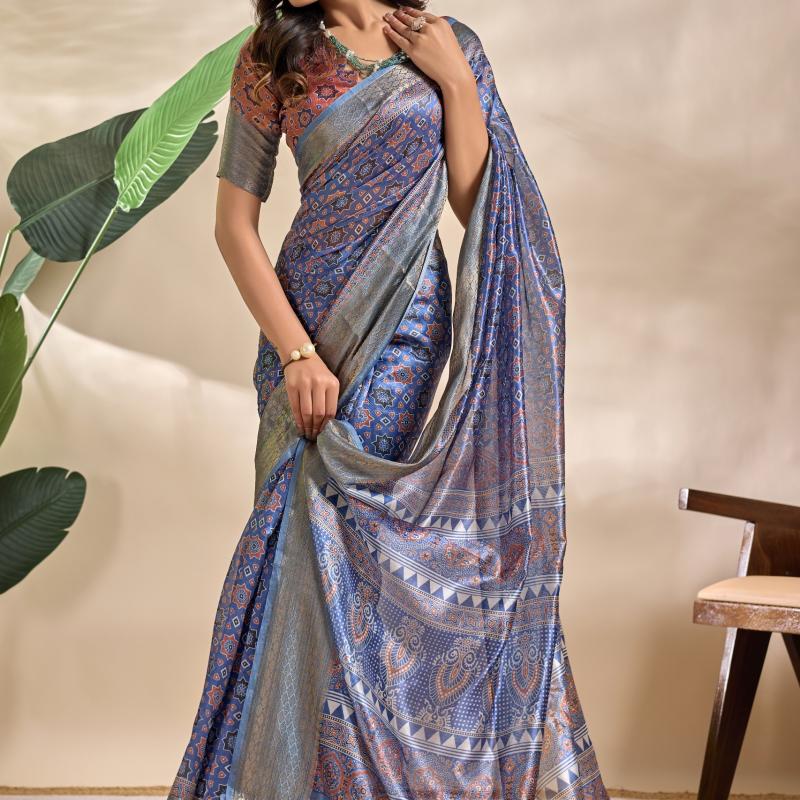 Royal blue soft silk Blend saree with Traditional motifs