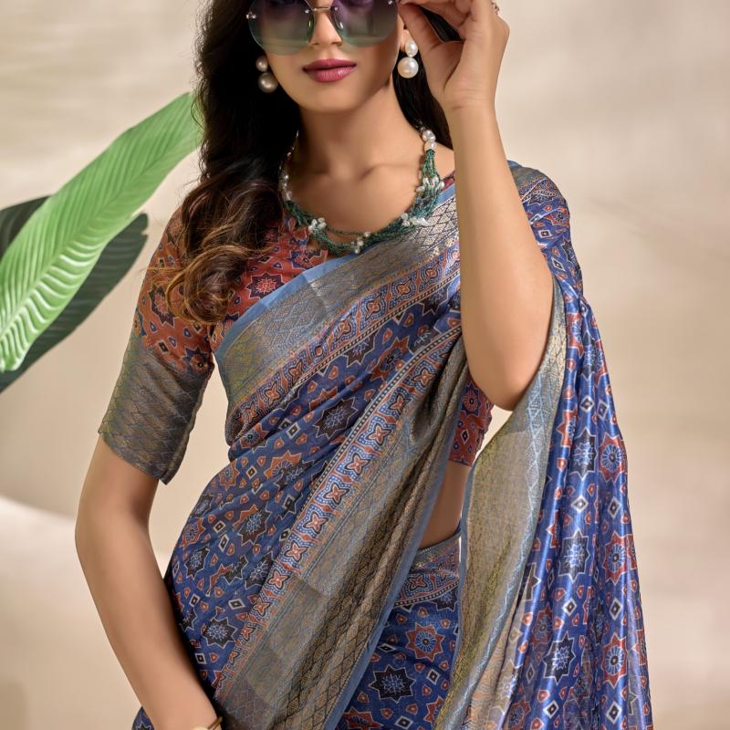 Royal blue soft silk Blend saree with Traditional motifs