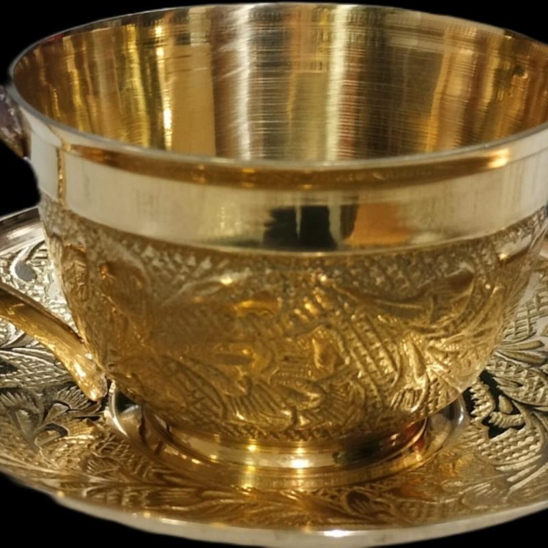 Exquisite Brass Tea Cup with Intricately Designed Saucer