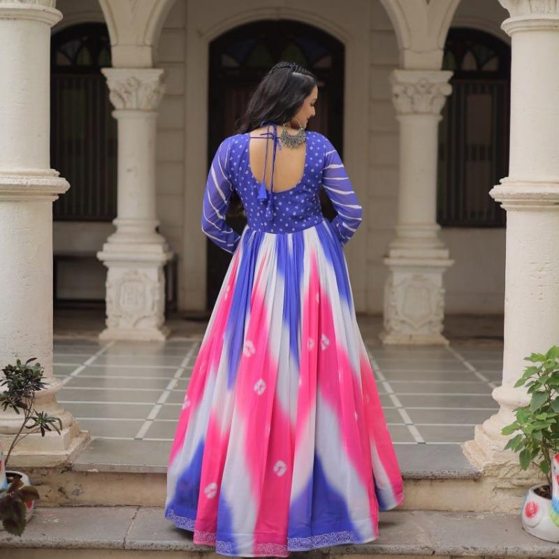 Faux Georgette Bandhej Print With Gamthi Embroidered & Mirror embellished Work- Blue