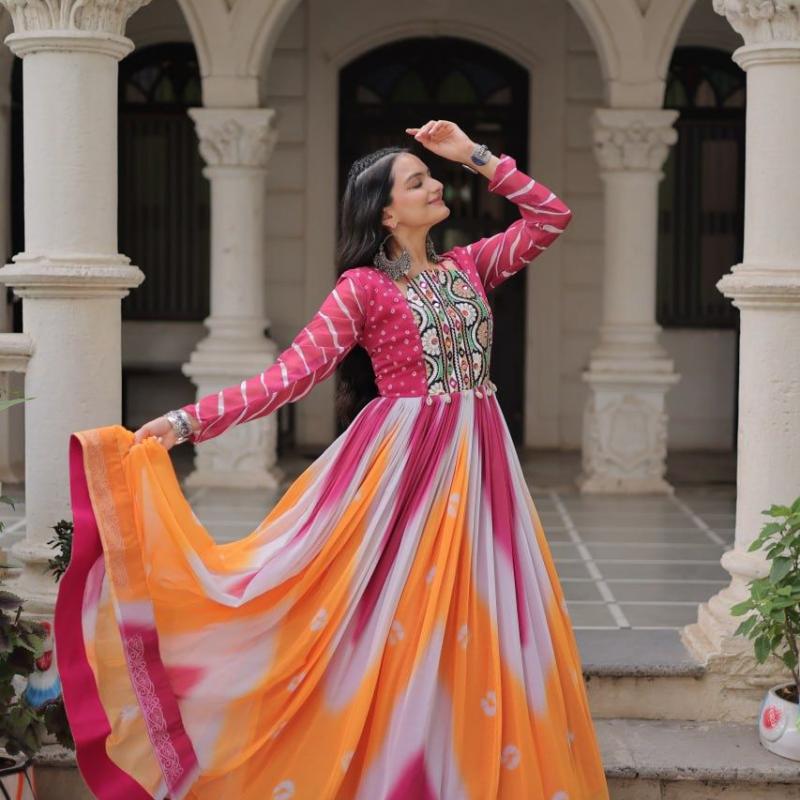 Faux Georgette Bandhej Print With Gamthi Embroidered & Mirror embellished Work- Pink