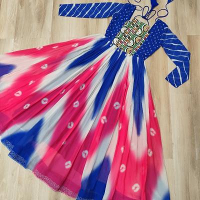 Faux Georgette Bandhej Print With Gamthi Embroidered & Mirror embellished Work- Blue