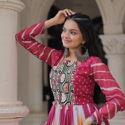 Faux Georgette Bandhej Print With Gamthi Embroidered & Mirror embellished Work- Pink