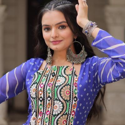 Faux Georgette Bandhej Print With Gamthi Embroidered & Mirror embellished Work- Blue