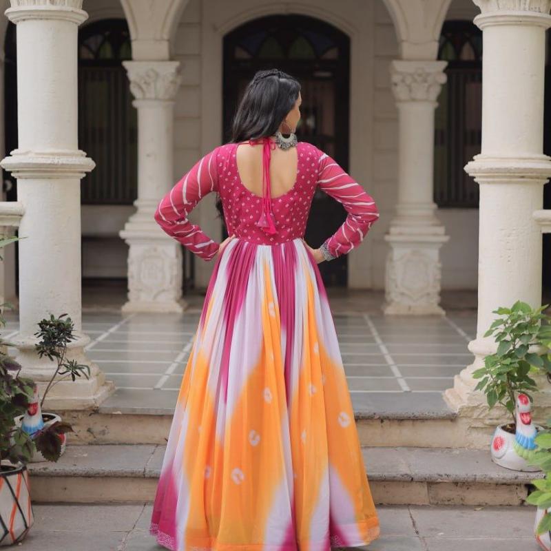 Faux Georgette Bandhej Print With Gamthi Embroidered & Mirror embellished Work- Pink